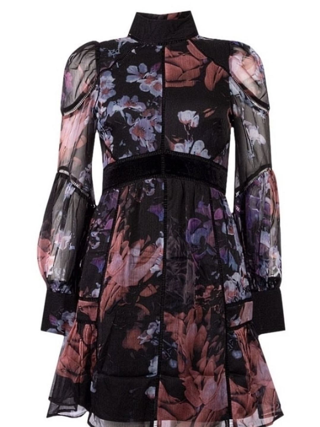 Ted Baker Sheer Floral Chiffon Mock Neck Balloon Sleeve Short Mini Dress Us 2